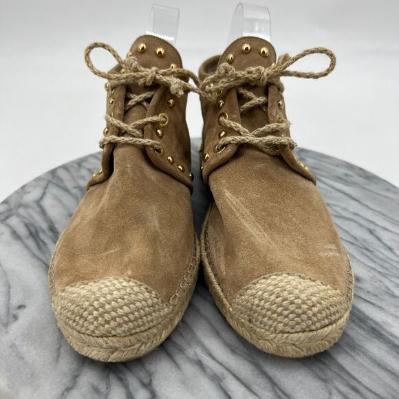 Stuart Weitzman Womens 7.5 Tan Suede Studded Espadrille Booties Shoe Jute Lace - Picture 3 of 12